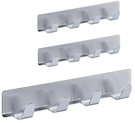 Percheros Autoadhesivos 4 Ganchos, Set de 6, Acero Inoxidable, Baño y Cocina, 16 cm, Colgador Llaves, Plateado
