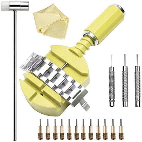 Watch Band Link Removal Tool Kit with 12pcs Replacement Pins and 3pcs Pin Punches 1pcs Head Hammer for 2.7cm or Less Watch Bracelet Strap Adjustment and Watch Repair (Yellow)