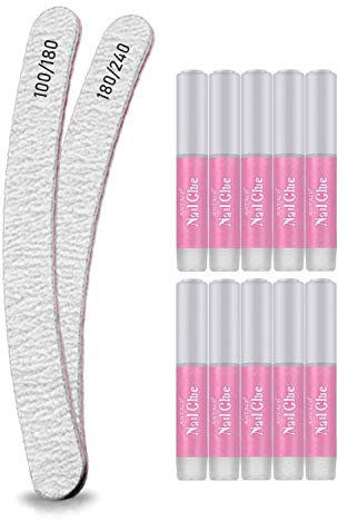 10pcs Nail Glues Extra Strong Quick Dry Adhesive For Natural or False Nails, Art, Tips, Acrylic, Gel, to stick Diamantes Glitter Rhinestones, transparent colour +2 Curved - Banana Nail Files