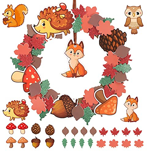 DKINY 8 Stück Herbst Kränze Bastelsets für Kinder, Kunst und Bastelhandwerk für Kinder zum Dekoration, Kreativ Eichhörnchen Igel Eule Fuchs mit Herbstlaub Türkranz Wandkranz, Hängende Deko in Herbst