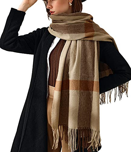 HYUET Hiver Pasmina Écharpe Châle Femmes Plaid Élégant Long Doux Chaud Étoles Écharpes Tartan Wrap Tricoté Châle Hiver Poncho Étole Pashmina pour Femmes Hommes,70 * 180 cm,A-marron