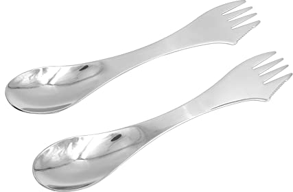 Hsthe Sea Paquete de 2 Cubiertos para Acampar de Acero Inoxidable 3 en 1, Cuchara para Exteriores, Cuchillo, Cuchara, Tenedor, combinación de Cubiertos ultraligeros para Acampar al Aire Libre, Plata