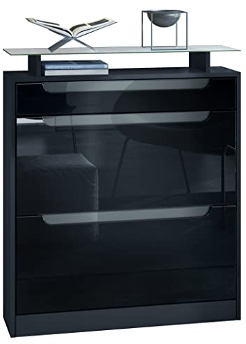 Vladon Schuhschrank Fiesta, Schwarz matt/Schwarz Hochglanz/Grau Hochglanz - Schuhkipper für 16 Paar Schuhe (89 x 104 x 23 cm)