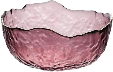 50 OZ Wavy Glass Salad Bowl, 8 Inch Decorative Glass Serving Container, Large Purple Clear Glass Fruit Holder with 3” Wall, Hammered Mixing Basin Irregular colored Candy Dish