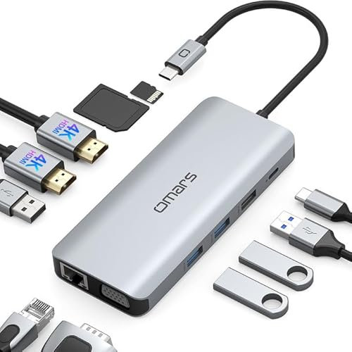Omars Docking Station Dual Monitor, 11 in 1 USB C Hub Triple Display Multiport Adapter, USB C to Dual HDMI Adapter with 4K+VGA+Ethernet+100W Type C PD+4USB+Data for Dell/Surface/HP/Lenovo Laptop