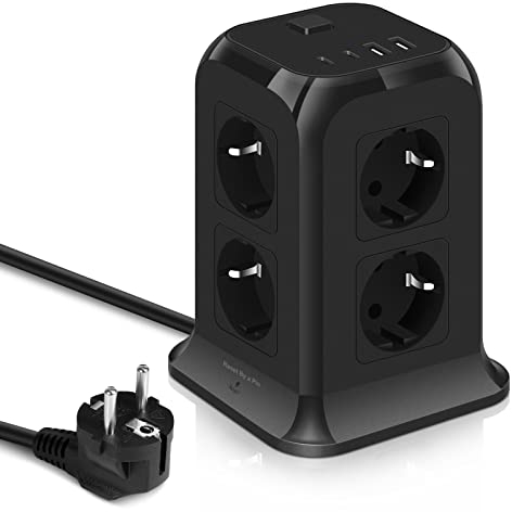 GLCON Tour Multiprise avec Interrupteur, 8 Prises Bloc Multiprise Parafoudre avec USB et USB C pour Bureau 2M Câble Noir