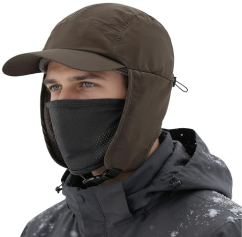 Magracy Herren Wintermütze mit Fleecefutter, Ohrenklappen, wasserdicht, Baseballkappe mit Gesichtsschutz, Pilotenkappe, Armeegrün