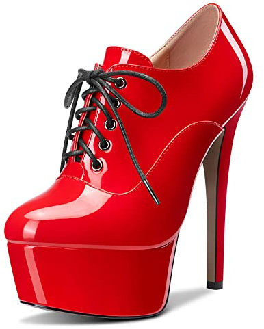 HEUIVZAR Donna Stivaletti Alto High Spillo Tacco Heel Chiusa Punta Verniciata Lacci Scarpe Rosso 15 CM 43 EU