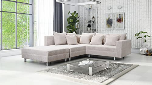Kuechen-preisbombe Wohnlandschaft Sofa Couch Ecksofa Eckcouch Cordstoff beige + Hocker Minsk L
