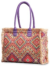 CORIOS Women Canvas Handbag Ethnic Style Tote Bag Retro Shoulder Bag with Tassels Summer Beach Bag Large Capacity Hobo Bag Bohemian Top Handle Bag for Vacation Beach Travel Daily Use Mehrfarbig C