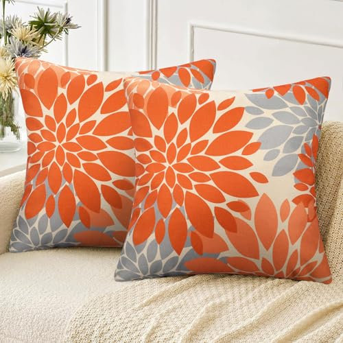 Velvhom Deko Kissenbezug 50x50 Sofakissen Orange and Grau 2er Set Kissenbezüge Weich Leinen Dahlie Kissenhülle Outdoor Kissen Geometrisch Zierkissen Kuschelig Kissen Bezüge Wohnzimmer Sofa