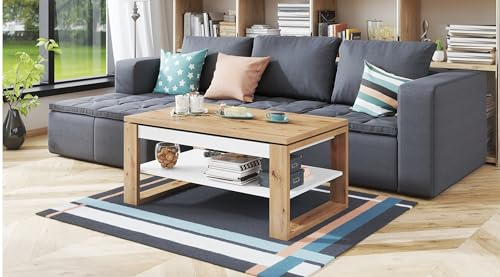 Design Couchtisch Multifunktion Arbeitstisch Tisch Nuo Ablage Esstisch, Farbe:Eiche Artisan - Weiß matt