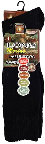 ShopMCR Mens Extra Longer Length Merino Lamb’s Wool Thermal Socks, Thick Warm Wool Rich Knee High Fisherman, Winter Boot Socks UK 6-11(Black, 1 Pair)
