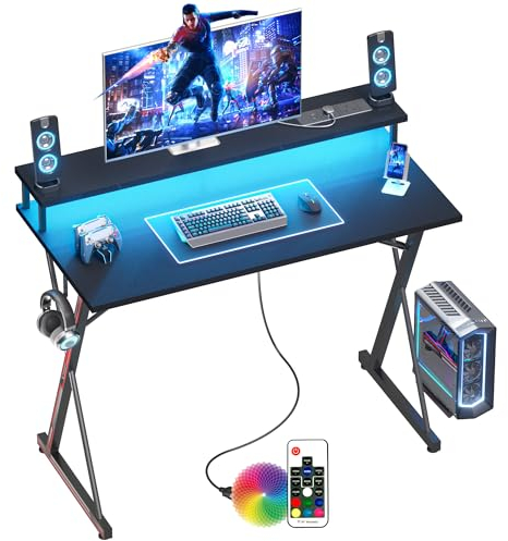 BEXEVUE Scrivania Gaming Ciabatta LED - 100x50cm Ergonomica Tavolo Gamer Computer, Grandi Supporto Monitor PC, Gancio per Cuffie, Scrivanie Moderno per Studio Gioco Lavoro Ufficio Casa Camera da Letto