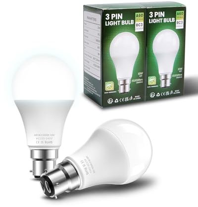 BrightArk BC3 3 Pin LED 10W Energy Saving Light Bulbs Cool White 6500K Non-Dimmable A60 Pin for Ceiling, Landing, Hallway (2 Pcs)