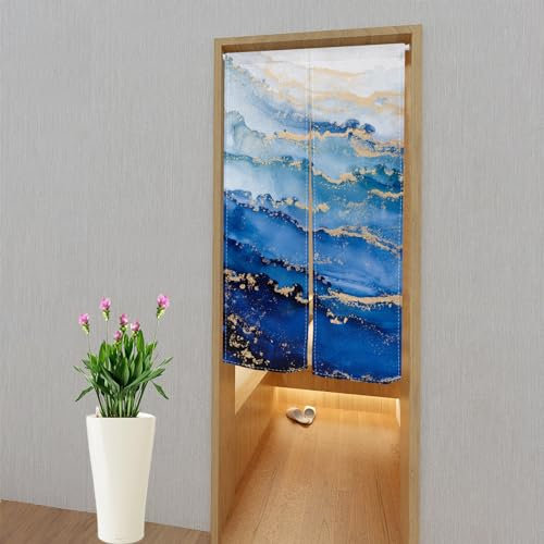 XMJJKUF Noren Japanese Doorway Curtain Long Type Japanese Window Treatment Door Curtain Tapestry for Privacy Partition Divider Panel Home Room Decors 33.5 Width x 70.9 Long (Wave, Gold Trim)