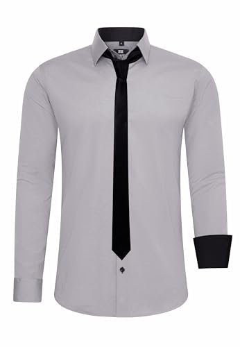 Rusty Neal Herren-Hemd Premium Slim Fit Langarm Stretch Kontrast Hemd mit Krawatte Business-Hemden Outfit Freizeithemd Set 44_99