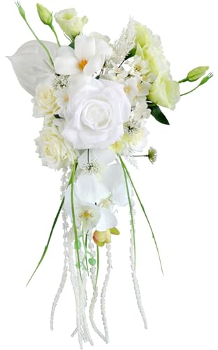 Fouriding Hochzeit Blumenstrauß für Braut,Wasser Tropfen Wasserfall Brautstrauß künstliche Blumen halten Blumen für Zeremonie Jahrestag Hochzeit Dekoration (Weiß Grün)