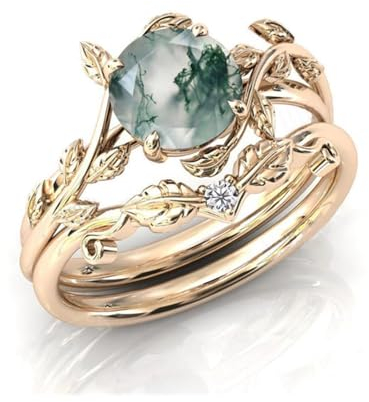 Von der Natur inspirierter Blatt-Moos-Achat-Ring, Moos-Achat-Ehering-Set for Frauen, 925 Sterling Silber grüner Schmuck, Geschenk, Versprechensring for Sie (Color : Yellow Gold, Size : 58(18.5))