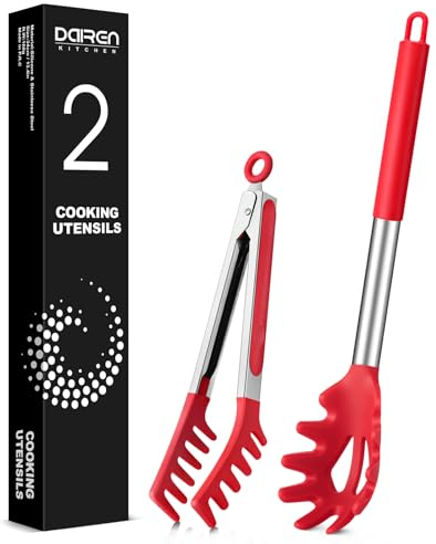 Spaghetti Spoon and Pasta Tong, Non-Stick Silicone Spoon Server Fork with Teeth and Stainless Steel Handle Spaghetti Tong, Food Clip for Spaghetti Noodle (RED)