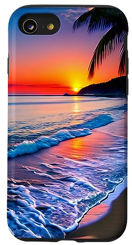 Une plage de sable au bord de la mer avec des palmiers au coucher du soleil Coque pour iPhone SE (2020) / 7 / 8