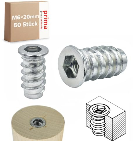 Einschraubmutter M6 x 20 mm – Einschraubmuffen/Eindrehmuffen aus verzinktem Stahl – Innengewinde für Holzbau & Möbelbau (50 Stück)
