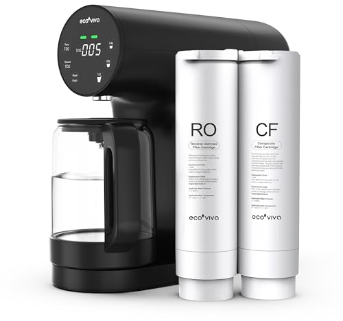 Ecoviva Auftisch Umkehrosmoseanlage Wasserfilter, Mobile Osmoseanlage Trinkwasser Umkehrosmose Filter mit 4-Stufen-Filtration, 3:1 Verhältnis von reinem Wasser zu Abwasser, TDS-Monitor, Schwarz