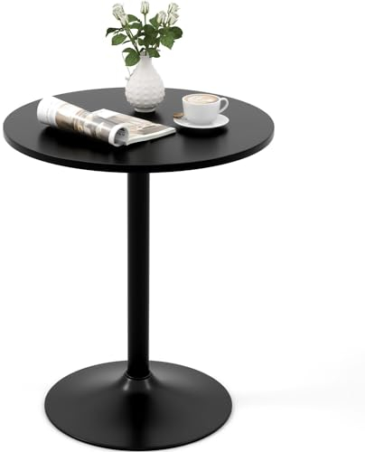 TANGZON Round Bar Table, 60CM Steel Frame Bistro Pub Table with Fixed Top, Metal Base & Non-Slip Mat, Dining Desk for Home Kitchen Pub Bistro, Easy Assembly (1, Black, 60 x 60 x 70cm)
