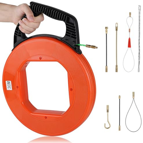 EFUTURETIME Guia Pasacables Ø4.5 mm 30m Cable Puller con Junta Giratoria y 7 Accesorios, Guia Cables para Instalación y Extracción de Cables