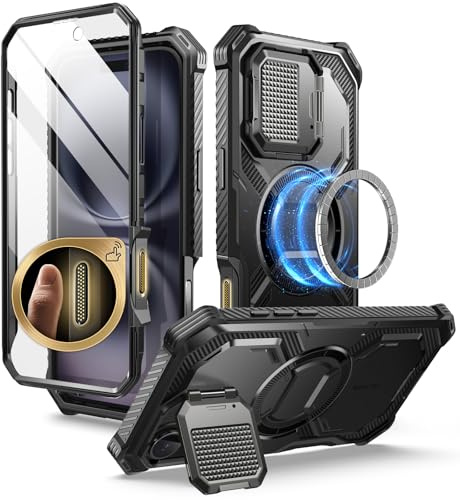 i-Blason Armorbox for iPhone 16 Plus Case with Camera Cover Stand [MagSafe Compatible] [Military Protection] Full-Body Rugged Protective Phone Case with Built-in Screen Protector & Kickstand (Black)