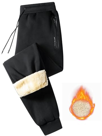 JustSun Jogginghose Herren Baumwolle Trainingshose Männer Gefütterte Thermo Fleece Hosen Herren Warme Winter Sporthose Herren Lang Freizeithose Herren mit Reißverschlusstaschen Taschen Schwarz L