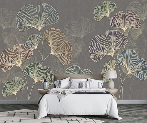 MIWEI Wallpaper Papier Peint Panoramique Lignes De Feuilles De Ginkgo Rétro Papier Peint Nature Intissé Murale Chambre Salon -F025-350cmX256cm
