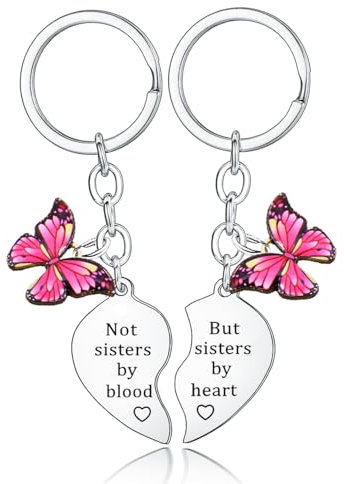 Schlüsselanhänger mit Aufschrift Not Sisters by Blood But Sister by Heart, Freundschafts-Schlüsselanhänger für 2 Herzen, passendes Schlüsselanhänger-Set, 2 Stück, Freundschaftsgeschenke für beste