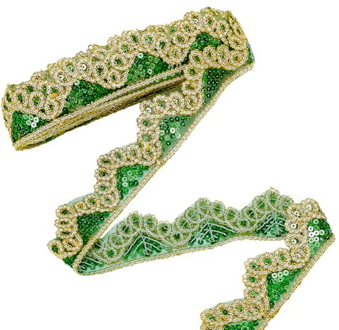 PH PandaHall 9m Grün Gold Pailletten Trim, Perlen Stoff Trim Embellishments Sparkly Polsterung Trim Nähen Applique Spitze für Kleid Kleidung, DIY Handwerk, Vorhang, Weihnachten Dekoration 45mm breit