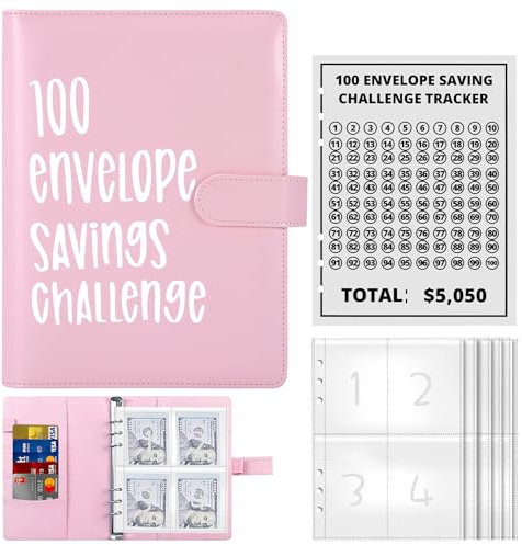 Palmcee 100 Envelope Saving Challenge, Sparbuch für Geld, Geldsparbinder Budget Planner mit A5 Cash Umschläge, Geld Sparen Challenge - Sparen Sie Ganz Einfach 5050 EUR (Rosa)