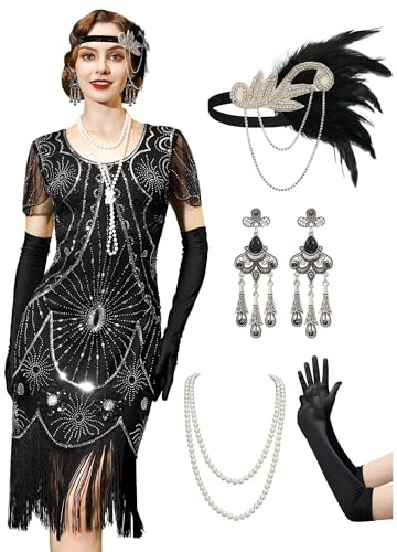 YESSA 20er Jahre Kostüm Damen,Gatsby Kleid Damen mit Accessoires Set,Charleston Flapper Kleids
