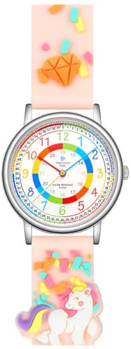 Alienwork Einhorn Lernuhr Kinderuhr Mädchen Uhrzeit Lernen Silber Kautschuk-Armband Pink Mehrfarbig Kinder-Uhr Wasserdicht 5 ATM Zeit Lernen