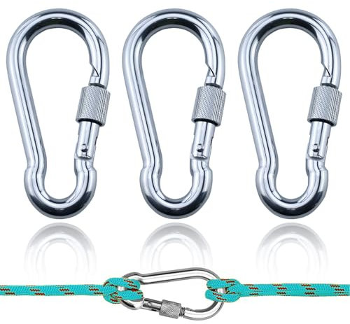 Lot de 3 mousquetons à visser 304 M8 en acier inoxydable avec vis - Mousquetons de pompier avec fermeture à vis - Capacité de charge pour l'extérieur, le camping, la randonnée