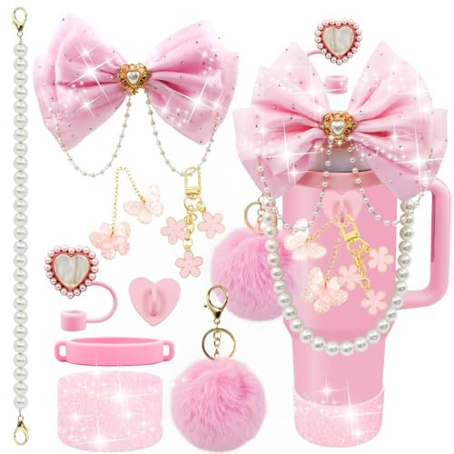 9 PCS Cup Accessories with Bow Straw Topper, Including Water Bottle Handle Strap, Silicone Straw Cover, Silicone Cup Boot, Bling Stanley Charms for 30oz & 40oz Tumbler