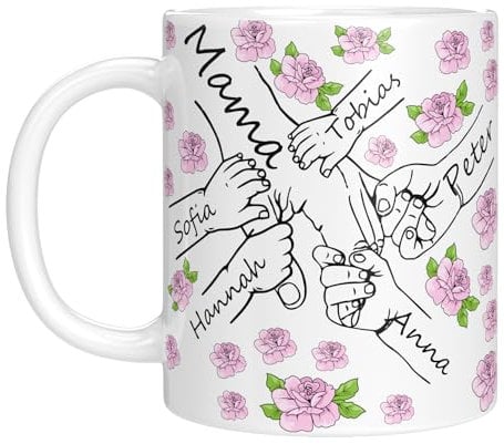 LIEBTASTISCH - Personalisierte Tasse für Mama oder Oma - Geschenk zum Muttertag, Geburtstag, Weihnachten, von Enkelkinder - Bis zu 6 Kinder (Pfingstrosen)