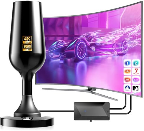 Antena de TV Digital HD para Interior, 2025 Antena de TV Receptora de 260km de Distancia con Potente Base Magnética,Soporta 4K y TDT- (DVB-T/DVB-T2)