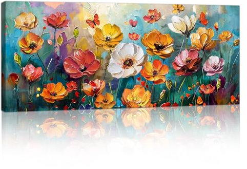 Rouge Orange Floral Cadre en Bois Grande Impression sur Toile Coloré Fleurs Image sur Toile Peintures Vintage Floral Moderne Mural Tableau Decoration Murale Salon Chambre prêt à accrocher 50x120cm