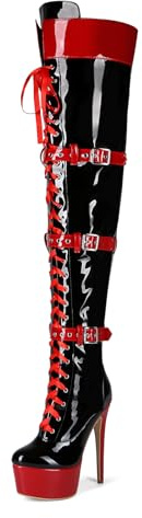 Veelau Meieer Botas de mujer con plataforma Stiletto con cordones punk moto botas de charol hasta el muslo
