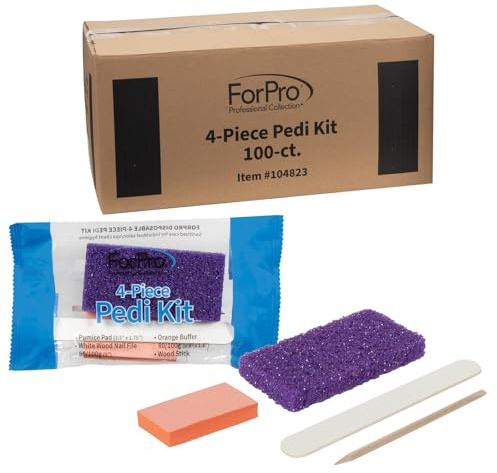 ForPro 4-Piece Pedi Kit, 100-Count, Individually-Packed Pedicure Set, Purple Pumice Pad, White Wood Nail File 80/100 Grit, Orange Mini Buffer 80/100 Grit, Wood Stick