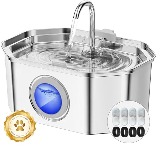 Fontaine a Eau Chat INOX, Apauk 3.2L Fontaine à Eau Chat,Fontaine Chats silencieuse,LED fenêtre, sont faciles à Nettoyer, Fontaine a Eau Petit Chien (Lot de 4 éponges et filtres)