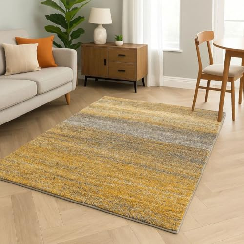 Yellow White Grey Stripe Pattern Shaggy Rug Soft Cushioned Fibres for Living Room Bedroom 200cm x 290cm (6ft 7 x 9ft 6)