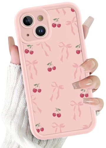 Yoedge Handyhülle für iPhone 14 Schleifen Hülle, Aesthetic Rosa Kirschen Muster Design Mädchen Frauen Schutzhülle, Weich Silikon Stoßfest Cover Erhöhte Displayränder Case für iPhone14 6,1