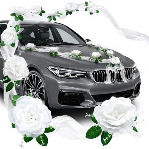 OMJMYY Kit Décoration Voiture Mariage Déco de Voiture de Mariage Blanche avec 9 Roses 1.6m Tulle 10 Noeud Serre-Câbles & Ruban Adhésif pour Mariage Réception Cérémonie Fête