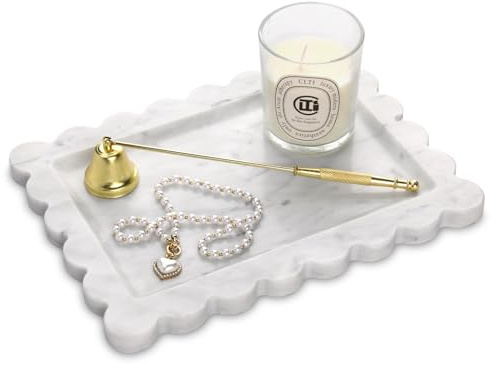 Marble Tray with Scalloped Edge, Carrara White, 27 x 20 cm | Luxury Natural Stone, Bathroom Vanity Tray, Decorative for Dresser Top Perfume Coffee Home Kitchen Sink Key Trinket Ring