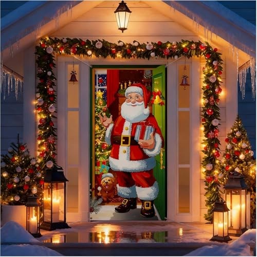 YyiFcg Weihnachtsbanner Tür 185×90 cm, Weihnachtsmann Türabdeckung mit Seil, Xmas Deko Türbanner Weihnachten für Haustür, Weihnachtsvorhang Tür für Outdoor & Indoor